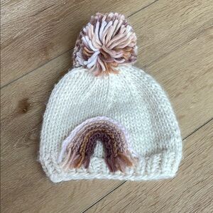 Cream Knit Beanie with Boho Rainbow Design
